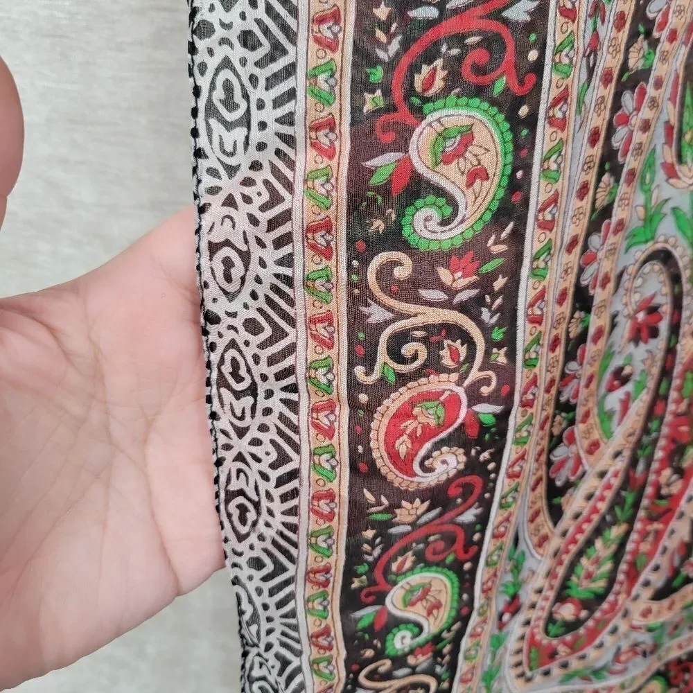Silk Chiffon Red Green Paisley Patterned Scarf Head Wrap Belt